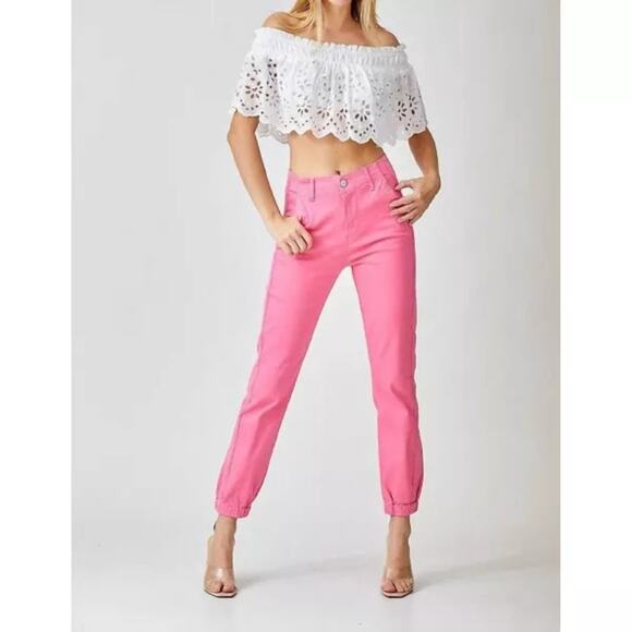 RISEN Pink Denim Style High Waist Rise Joggers Casual NEW Size 5 Waist 27 - Picture 3 of 7